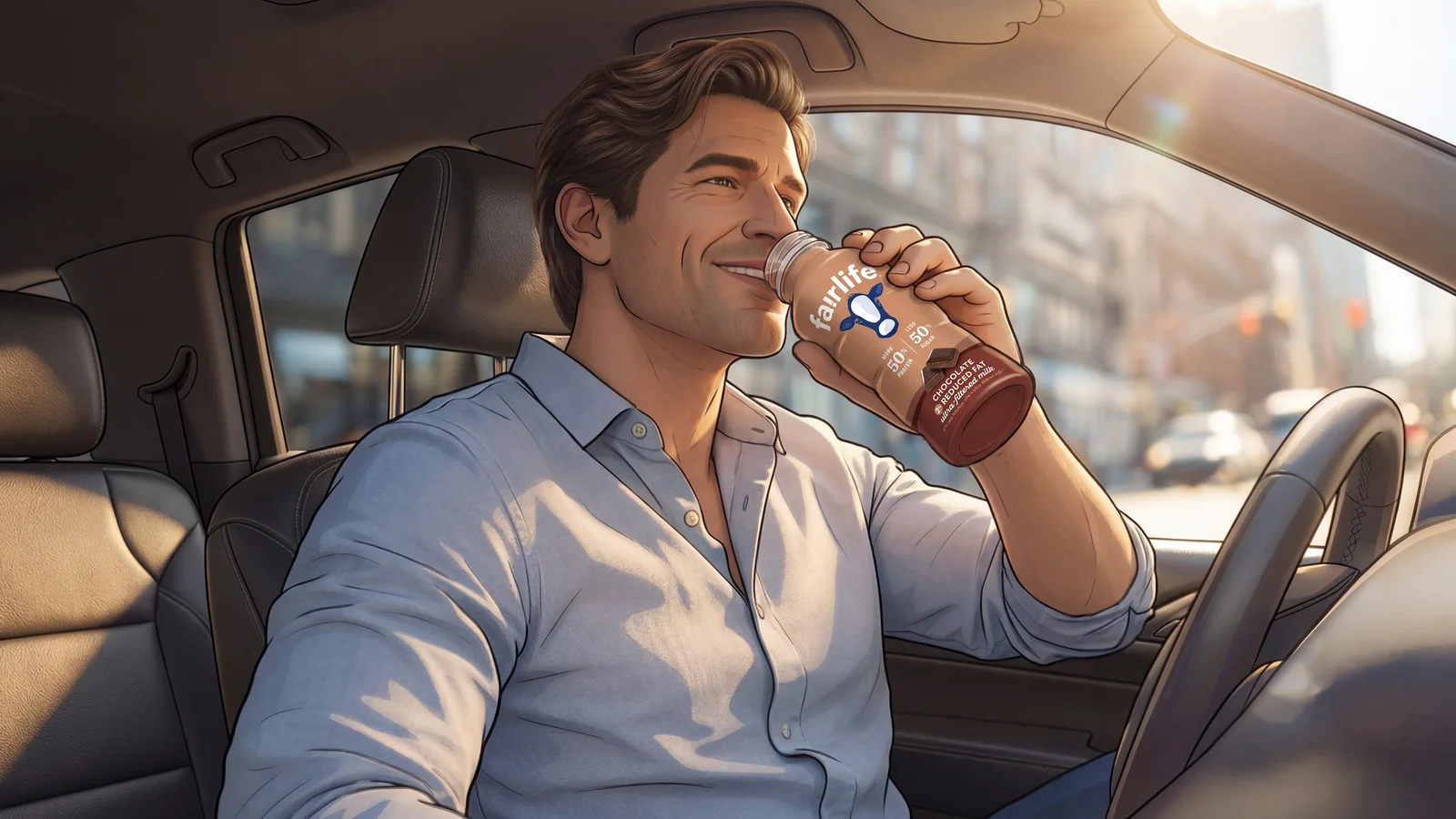 Illustrated storyboard frame of a man drinking chocolate milk in the driver's seat