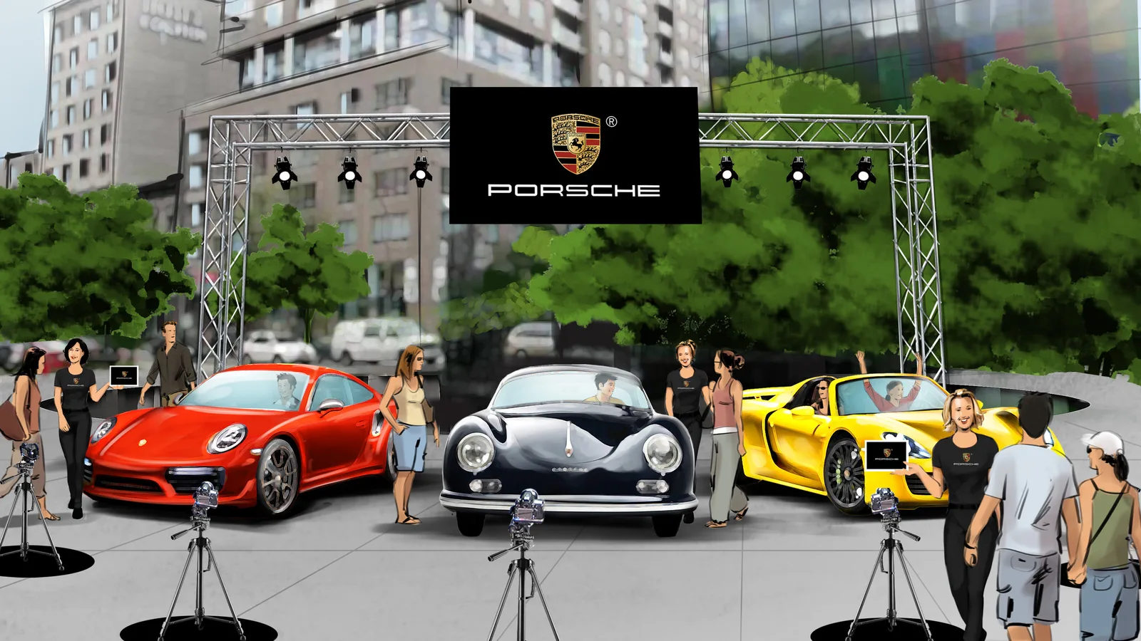 Finished concept render of the same car launch event