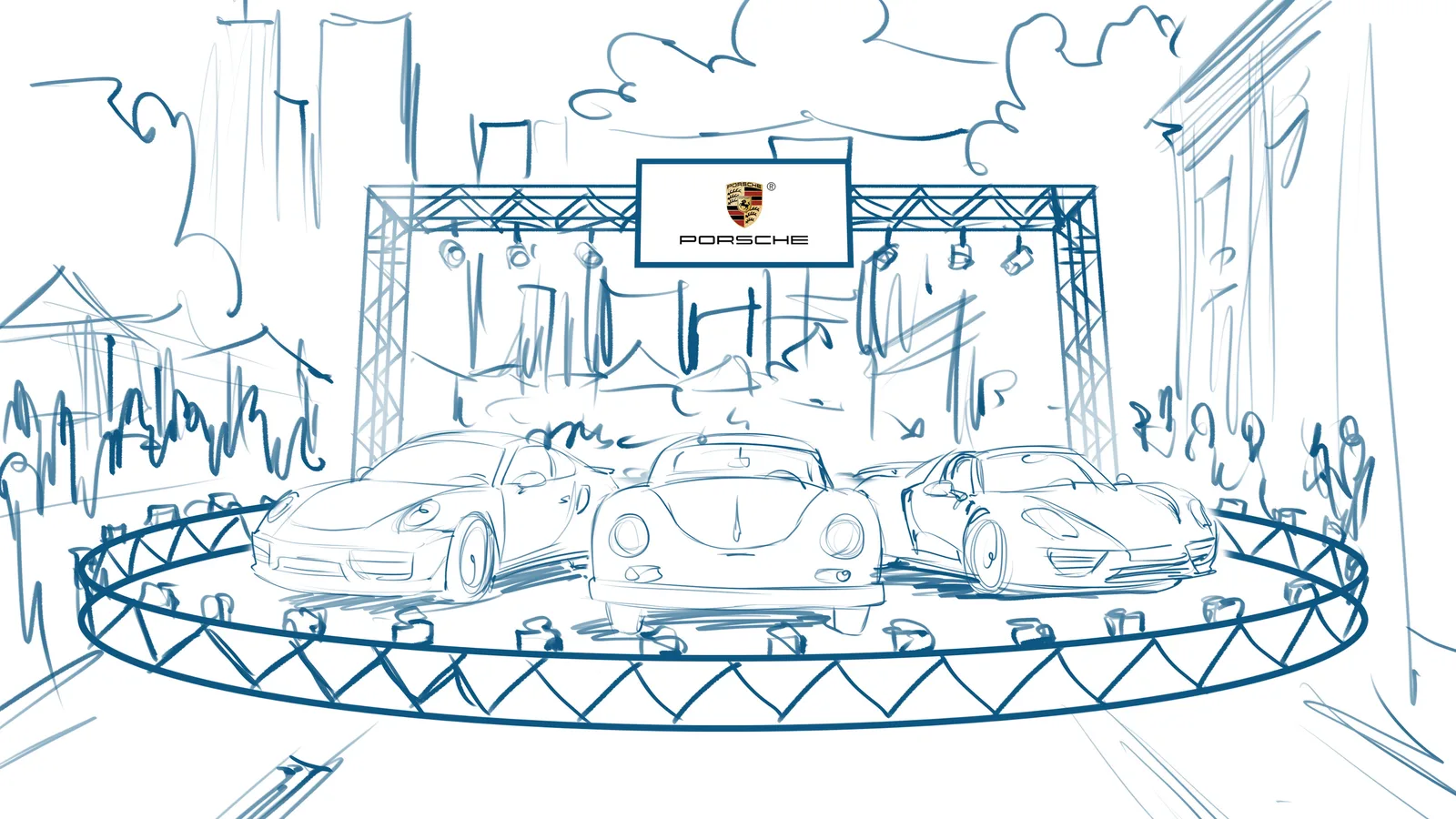 Pen sketch of a car launch event